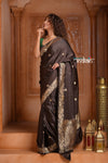 Festive Edit! Ganga Ghat ~ Handloom Pure Silk Satin Saree in Dark Brown ( Silk Mark Certified)