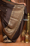 Festive Edit! Ganga Ghat ~ Handloom Pure Silk Satin Saree in Dark Brown ( Silk Mark Certified)