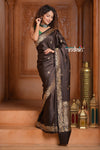 Festive Edit! Ganga Ghat ~ Handloom Pure Silk Satin Saree in Dark Brown ( Silk Mark Certified)