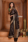 Festive Edit! Ganga Ghat ~ Handloom Pure Silk Satin Saree in Dark Brown ( Silk Mark Certified)