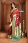 Festive Edit! Ganga Ghat ~ Handloom Pure Kora Silk Saree in Dark Red and Green (Silk Mark Certified )
