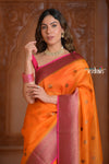 Festive Edit! Ganga Ghat ~ Handloom Pure Silk Kora Saree in Orange and Pink ( Silk Mark Certified )
