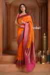 Festive Edit! Ganga Ghat ~ Handloom Pure Silk Kora Saree in Orange and Pink ( Silk Mark Certified )