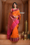 Festive Edit! Ganga Ghat ~ Handloom Pure Silk Kora Saree in Orange and Pink ( Silk Mark Certified )