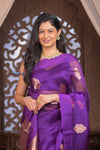 Kashi ~ Handloom Pure Silk Kora Saree in Purple with PaIsley Buttis (Silk Mark Certified)