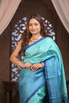 Bengal Gatha ~ Handloom Tussar Silk Saree with Handpainted Radha Krishna Pallu in Ocean Blue