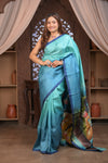 Bengal Gatha ~ Handloom Tussar Silk Saree with Handpainted Radha Krishna Pallu in Ocean Blue