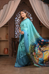 Bengal Gatha ~ Handloom Tussar Silk Saree with Handpainted Radha Krishna Pallu in Ocean Blue