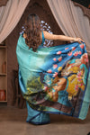 Bengal Gatha ~ Handloom Tussar Silk Saree with Handpainted Radha Krishna Pallu in Ocean Blue