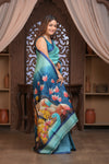 Bengal Gatha ~ Handloom Tussar Silk Saree with Handpainted Radha Krishna Pallu in Ocean Blue