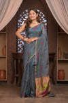 Bengal Gatha ~ Handloom Tissue Silk Saree with Floral Handweave in Bluish Grey