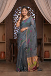 Bengal Gatha ~ Handloom Tissue Silk Saree with Floral Handweave in Bluish Grey