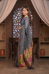 Bengal Gatha ~ Handloom Tissue Silk Saree with Floral Handweave in Bluish Grey