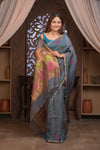 Bengal Gatha ~ Handloom Tissue Silk Saree with Floral Handweave in Bluish Grey