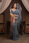 Bengal Gatha ~ Handloom Tissue Silk Saree with Floral Handweave in Bluish Grey