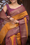 Bengal Gatha ~ Designer Chanderi Cotton Silk Saree with Digital Bandhani Print in Yellow and Maroon