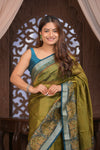 Bengal Gatha ~Designer Chanderi Saree with Digital Floral Print in Olive Green