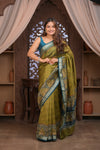 Bengal Gatha ~Designer Chanderi Saree with Digital Floral Print in Olive Green