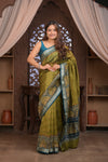 Bengal Gatha ~Designer Chanderi Saree with Digital Floral Print in Olive Green