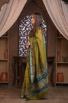 Bengal Gatha ~Designer Chanderi Saree with Digital Floral Print in Olive Green
