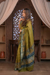 Bengal Gatha ~Designer Chanderi Saree with Digital Floral Print in Olive Green