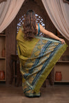 Bengal Gatha ~Designer Chanderi Saree with Digital Floral Print in Olive Green
