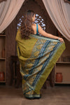 Bengal Gatha ~Designer Chanderi Saree with Digital Floral Print in Olive Green