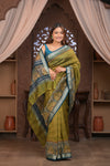 Bengal Gatha ~Designer Chanderi Saree with Digital Floral Print in Olive Green