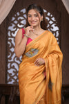Bengal Gatha ~ Handloom Tussar Silk Saree with Handwoven Kantha Work in Ochre Yellow