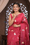 Kashi ~ Handloom Pure Silk High Quality Kora Saree in Blush Red with Buttis (Silk Mark Certified)