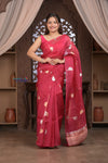 Kashi ~ Handloom Pure Silk High Quality Kora Saree in Blush Red with Buttis (Silk Mark Certified)