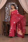 Kashi ~ Handloom Pure Silk High Quality Kora Saree in Blush Red with Buttis (Silk Mark Certified)
