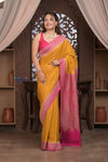 Kashi ~ Handloom Banarasi Khaddi Crepe Georgette Silk Saree in Yellow and Pink (Silk Mark Certified)