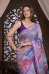 Kashi ~ Handloom Pure Silk Organza Saree in Lilac with Floral Handpaint (Silk Mark Certified)