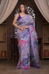 Kashi ~ Handloom Pure Silk Organza Saree in Lilac with Floral Handpaint (Silk Mark Certified)