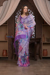 Kashi ~ Handloom Pure Silk Organza Saree in Lilac with Floral Handpaint (Silk Mark Certified)