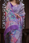 Kashi ~ Handloom Pure Silk Organza Saree in Lilac with Floral Handpaint (Silk Mark Certified)
