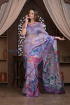 Kashi ~ Handloom Pure Silk Organza Saree in Lilac with Floral Handpaint (Silk Mark Certified)