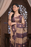 Kashi ~ Handloom Pure Tissue Silk Kora Saree in Brown Gold with PaIsley Buttis (Silk Mark Certified)