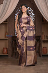 Kashi ~ Handloom Pure Tissue Silk Kora Saree in Brown Gold with PaIsley Buttis (Silk Mark Certified)