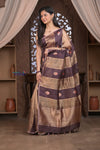Kashi ~ Handloom Pure Tissue Silk Kora Saree in Brown Gold with PaIsley Buttis (Silk Mark Certified)