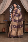 Kashi ~ Handloom Pure Tissue Silk Kora Saree in Brown Gold with PaIsley Buttis (Silk Mark Certified)