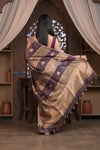 Kashi ~ Handloom Pure Tissue Silk Kora Saree in Brown Gold with PaIsley Buttis (Silk Mark Certified)