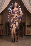 Kashi ~ Handloom Pure Tissue Silk Kora Saree in Brown Gold with PaIsley Buttis (Silk Mark Certified)