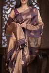 Kashi ~ Handloom Pure Tissue Silk Kora Saree in Brown Gold with PaIsley Buttis (Silk Mark Certified)