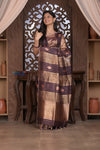 Kashi ~ Handloom Pure Tissue Silk Kora Saree in Brown Gold with PaIsley Buttis (Silk Mark Certified)