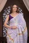 Bengal Gatha ~ Handloom Linen Saree with Kantha Work in White Purple