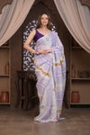 Bengal Gatha ~ Handloom Linen Saree with Kantha Work in White Purple