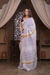 Bengal Gatha ~ Handloom Linen Saree with Kantha Work in White Purple