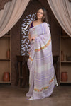 Bengal Gatha ~ Handloom Linen Saree with Kantha Work in White Purple